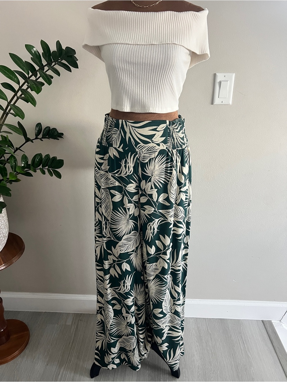 Patrons of Peace Cream and Forest Green Smocked Waist Pants